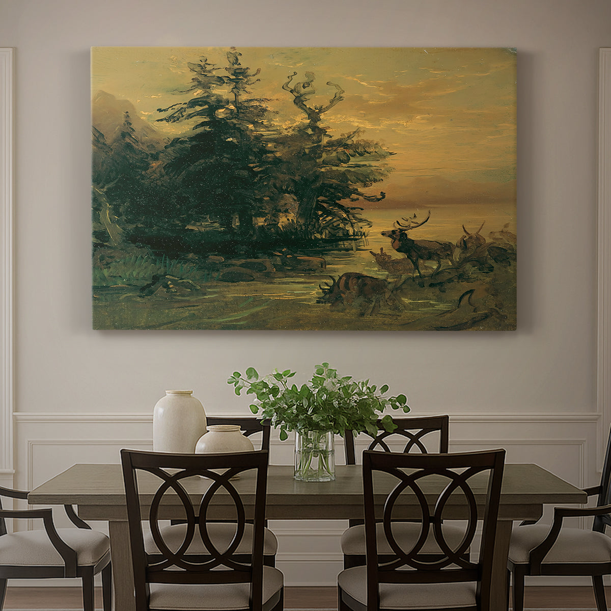 Canvas art print featuring deer near lakeshore with mountains behind, showcased as a statement wall artwork