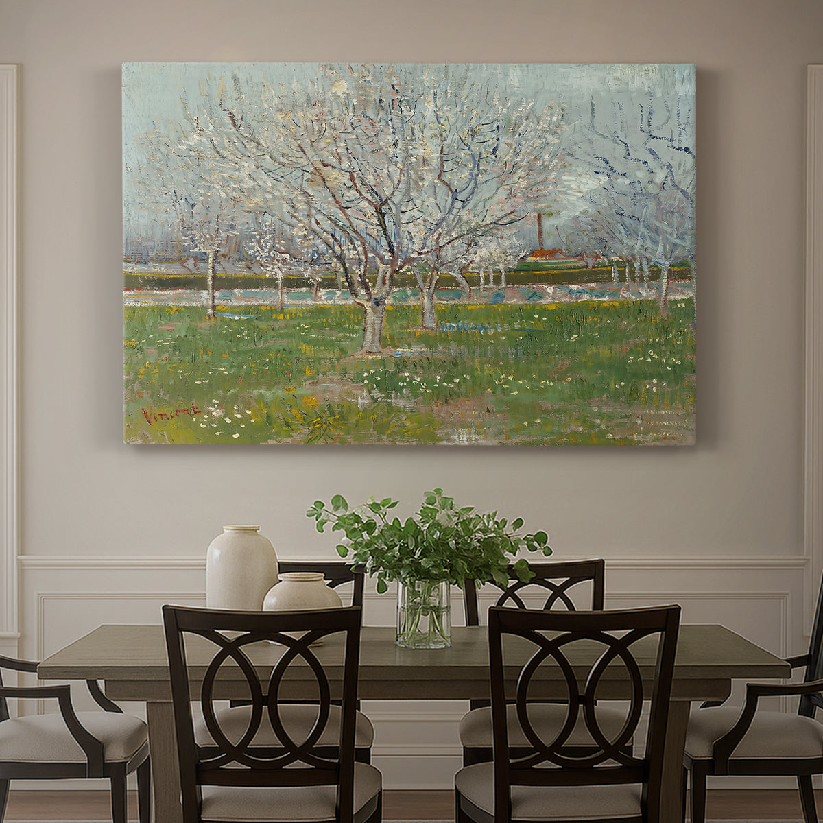 Canvas art print featuring evenly spaced trees covered in blossoms across flat orchard landscape, showcased as a statement wall artwork