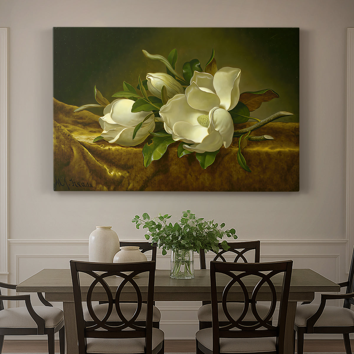 Canvas art print featuring magnolia blossoms arranged on gold velvet surface, showcased as a statement wall artwork