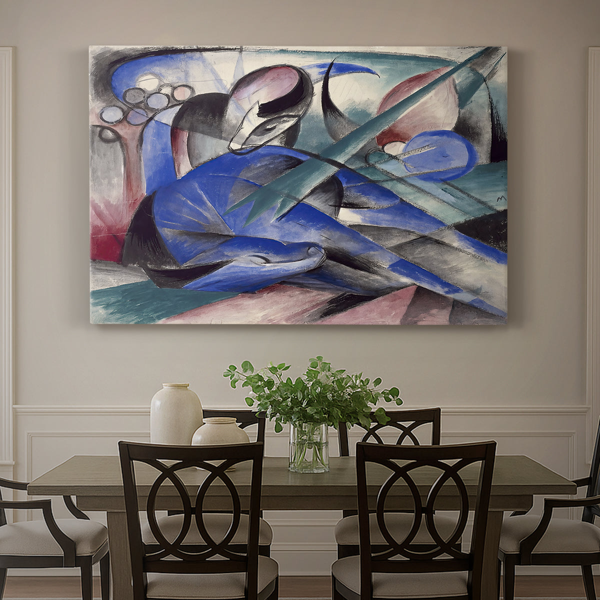 Canvas art print featuring a reclining horse depicted in flowing abstract shapes and colors, showcased as a statement wall artwork