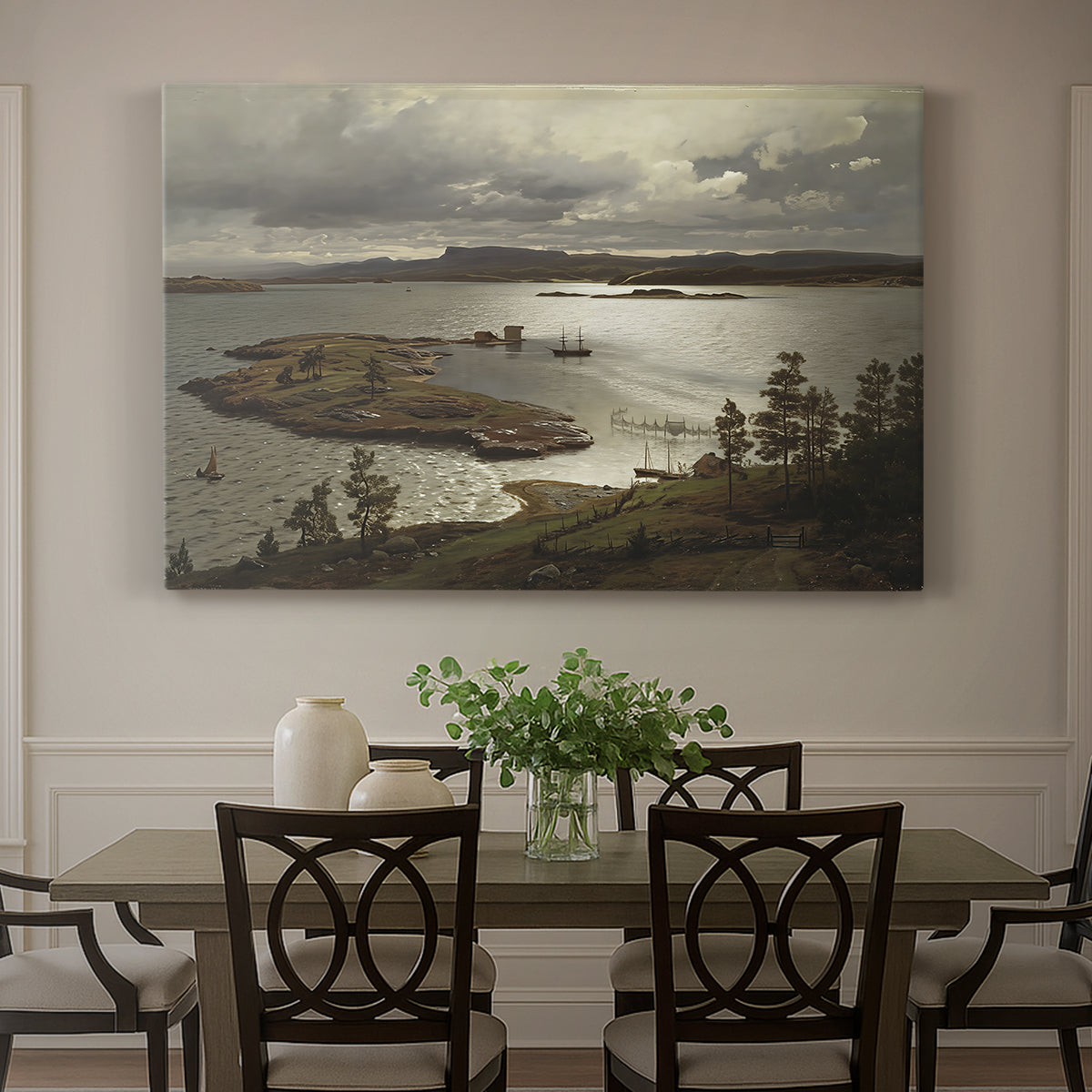 Canvas art print featuring a fjord landscape with water, shoreline, and distant hills under soft sky, showcased as a statement wall artwork