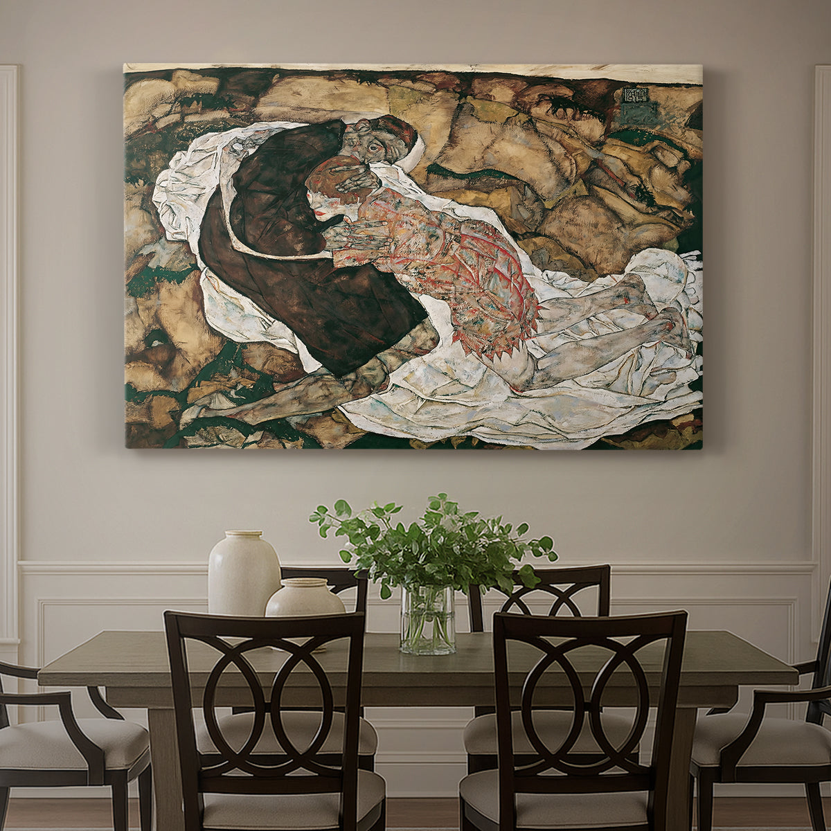 Canvas art print featuring intertwined figures representing death and woman in emotional embrace, showcased as a statement wall artwork