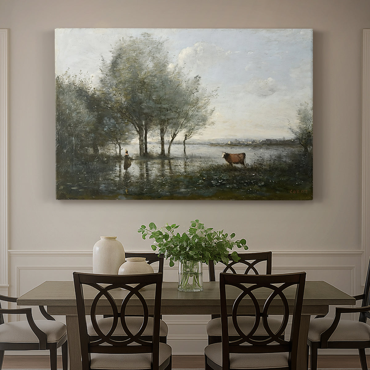 Canvas art print featuring a marshy landscape with water, trees, and soft atmospheric light, showcased as a statement wall artwork
