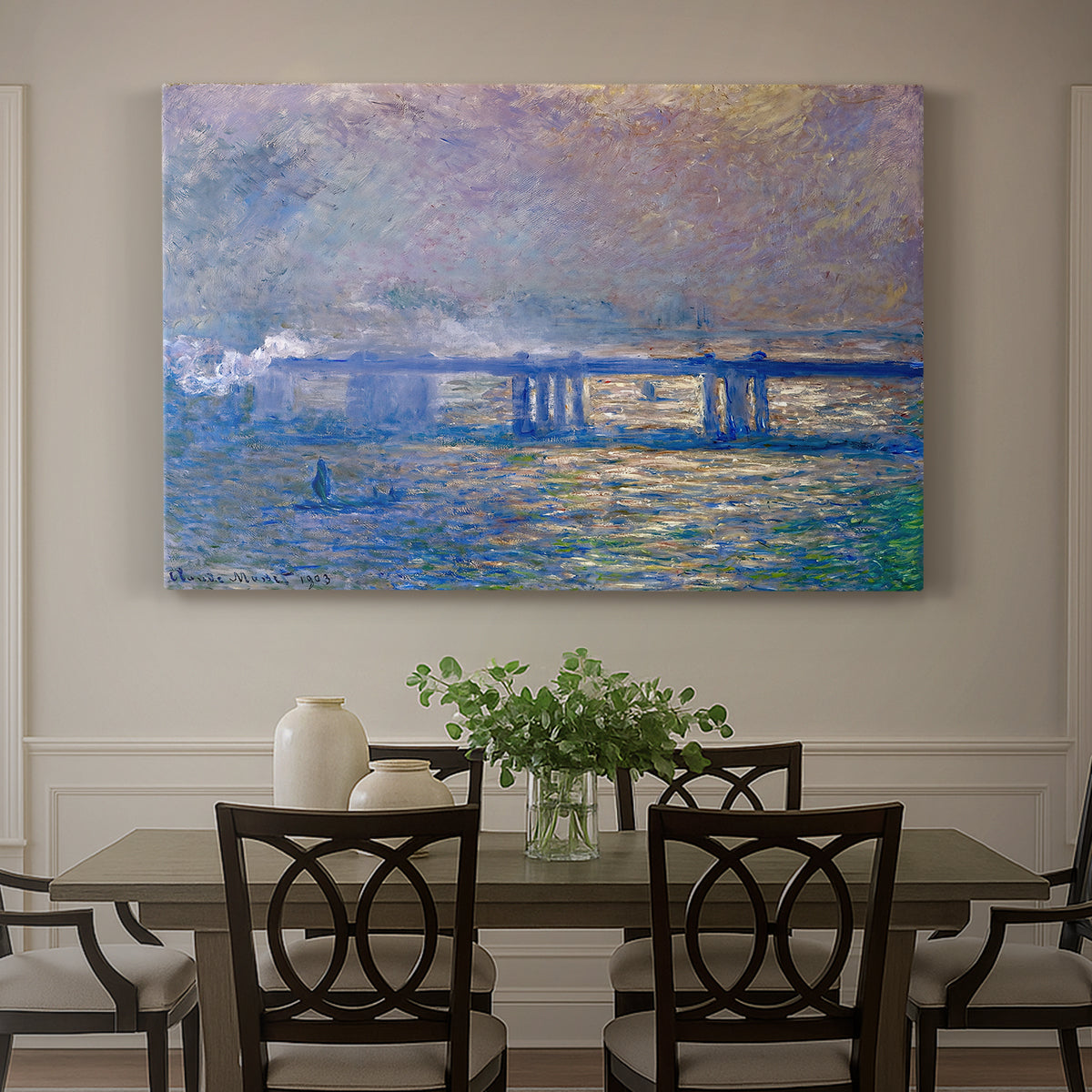 Canvas art print featuring an impressionist view of bridge stretching across river with soft light and haze, showcased as a statement wall artwork