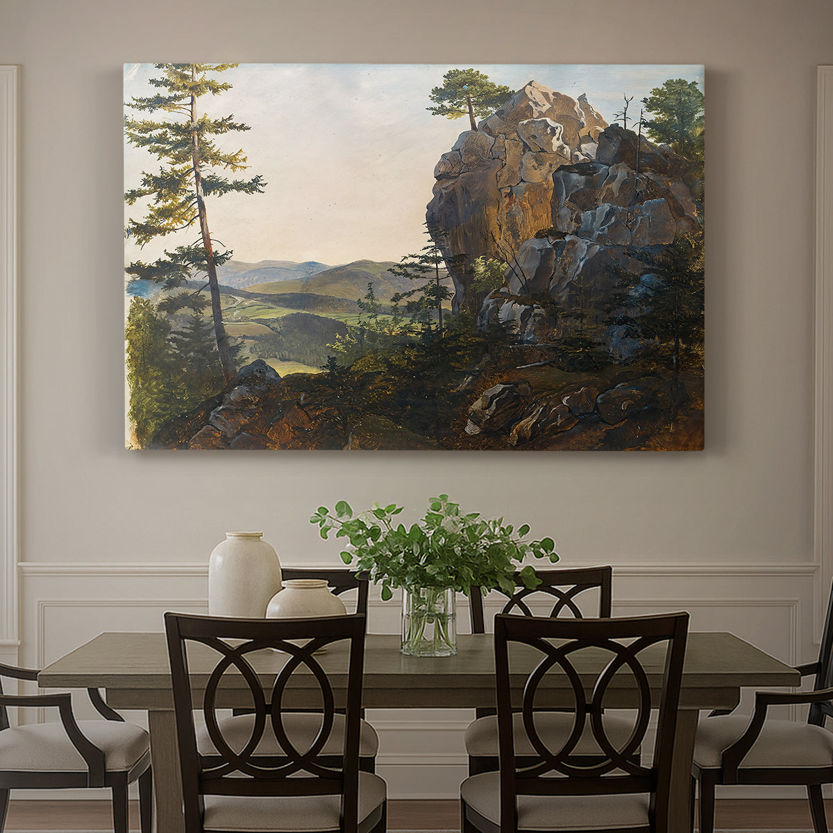 Canvas art print featuring rock formations within forested landscape, showcased as a statement wall artwork