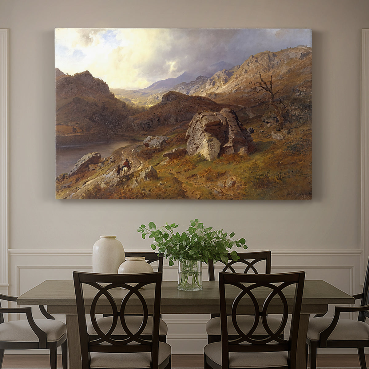 Canvas art print featuring an expansive valley landscape with river flowing through rugged hills, showcased as a statement wall artwork