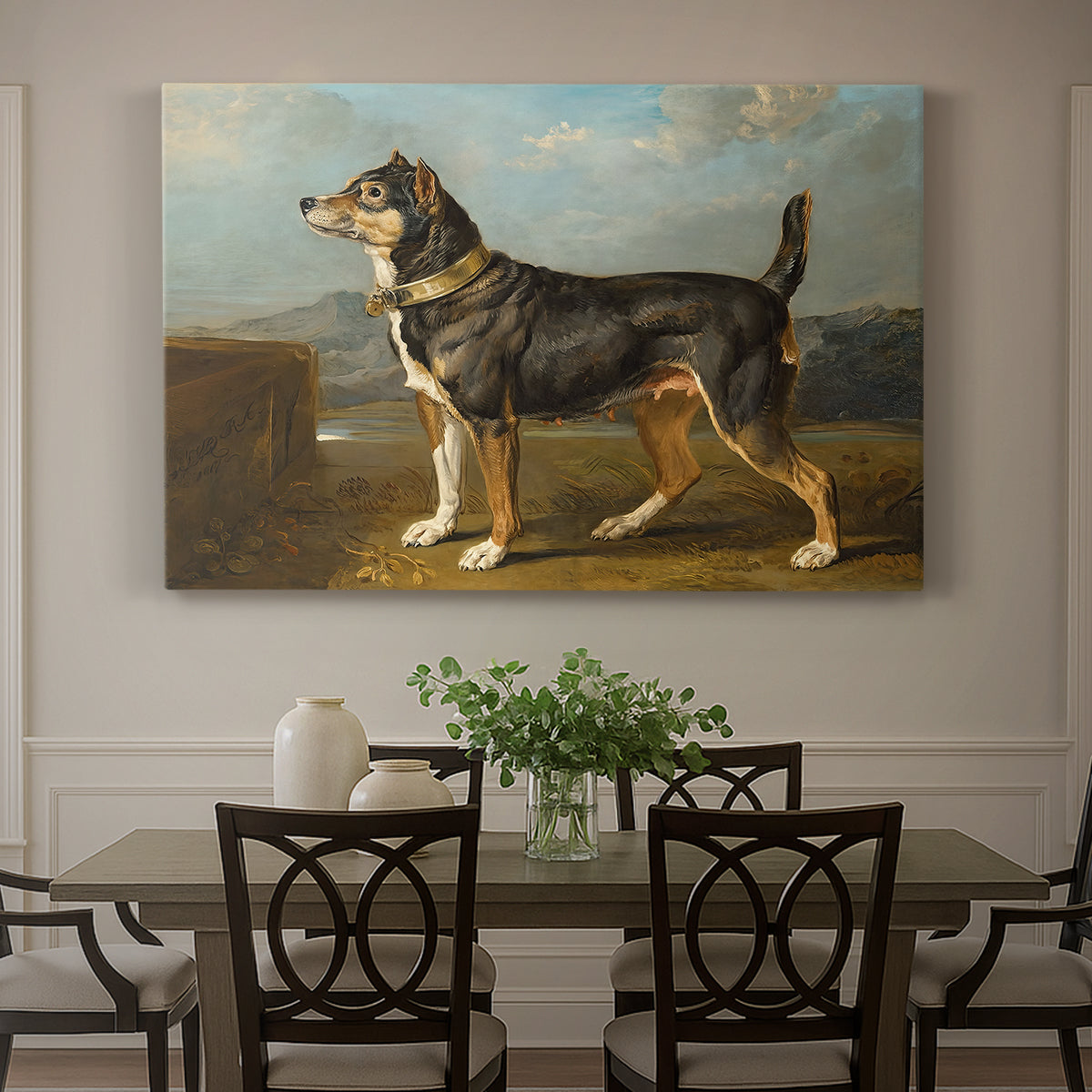 Canvas art print featuring a small terrier standing alert in open countryside landscape, showcased as a statement wall artwork