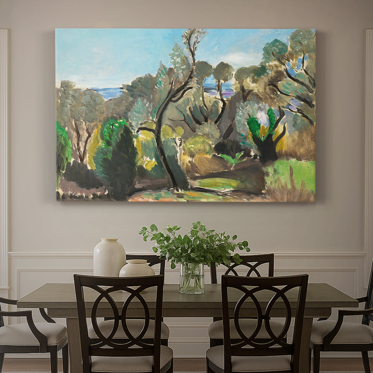 Canvas art print featuring a rolling landscape with trees and open sky in bright natural colors, showcased as a statement wall artwork