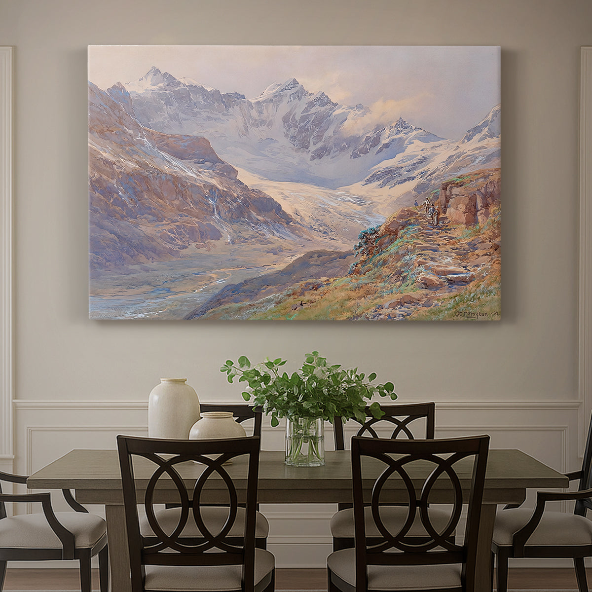 Canvas art print featuring an alpine glacier landscape with rugged peaks and snow-covered terrain, showcased as a statement wall artwork