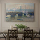 Canvas art print featuring a muted cityscape of bridge spanning river under overcast sky, showcased as a statement wall artwork
