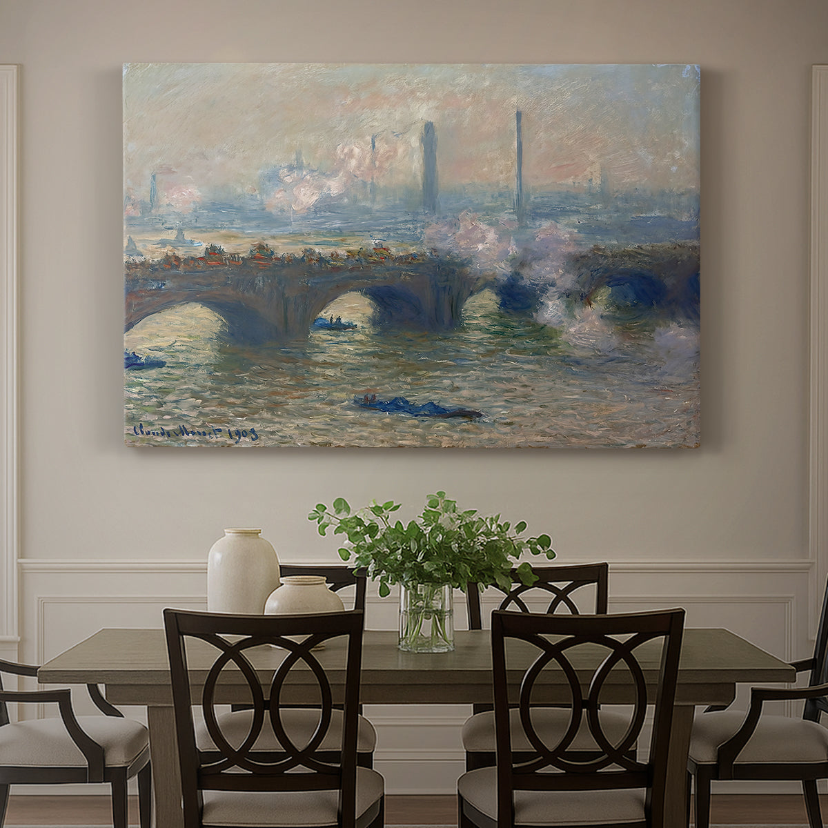 Canvas art print featuring a muted cityscape of bridge spanning river under overcast sky, showcased as a statement wall artwork