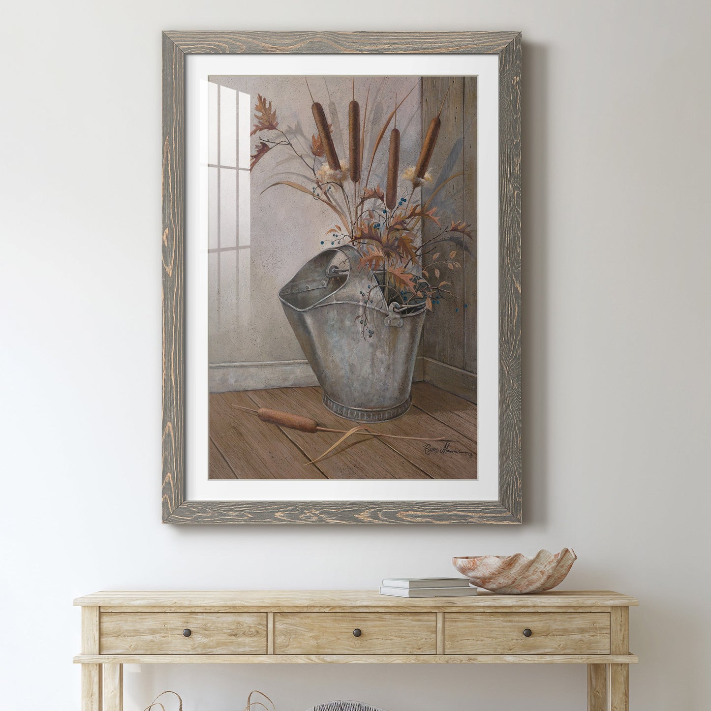 Berries & Cat Tails - Premium Framed Print - Distressed Barnwood Frame - Ready to Hang