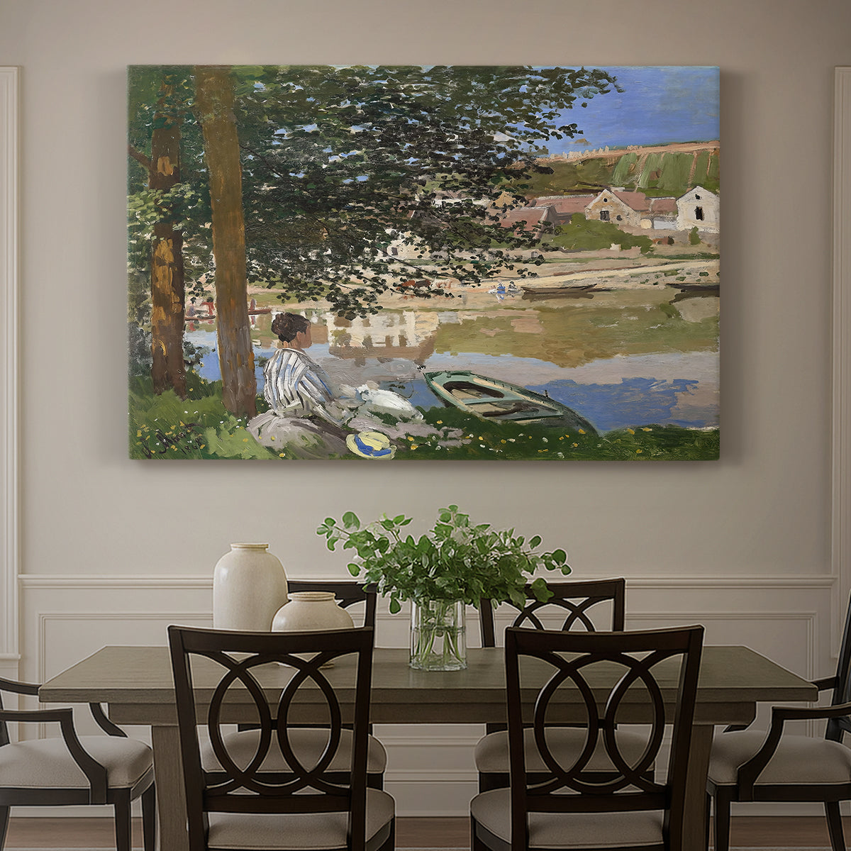 Canvas art print featuring a woman and child seated along riverbank beneath trees in soft daylight, showcased as a statement wall artwork