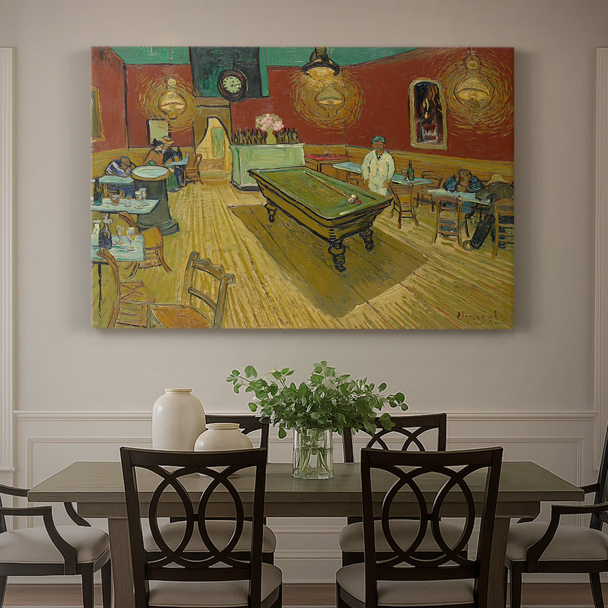 Canvas art print featuring a café interior with billiard table, lamps, and scattered figures under red walls, showcased as a statement wall artwork