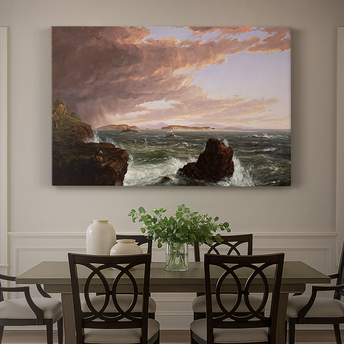 Canvas art print featuring a coastal landscape with water and sky clearing after storm, showcased as a statement wall artwork