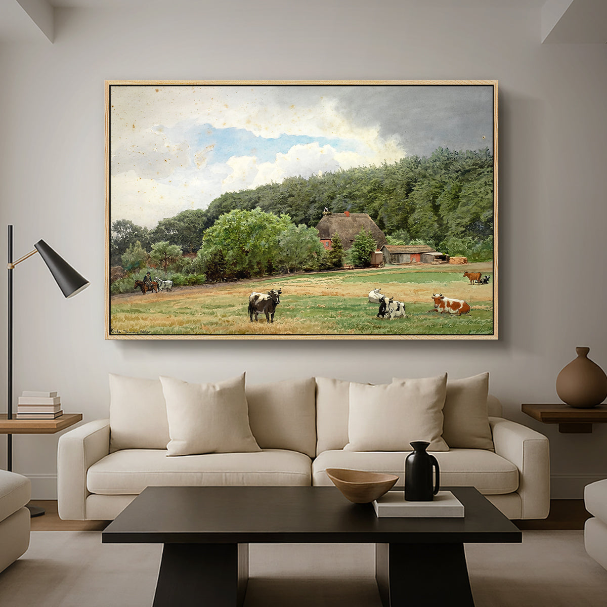 Farm with Grazing Cows (Bondegård med beitende kuer), 1892 - Floater Framed Canvas Print