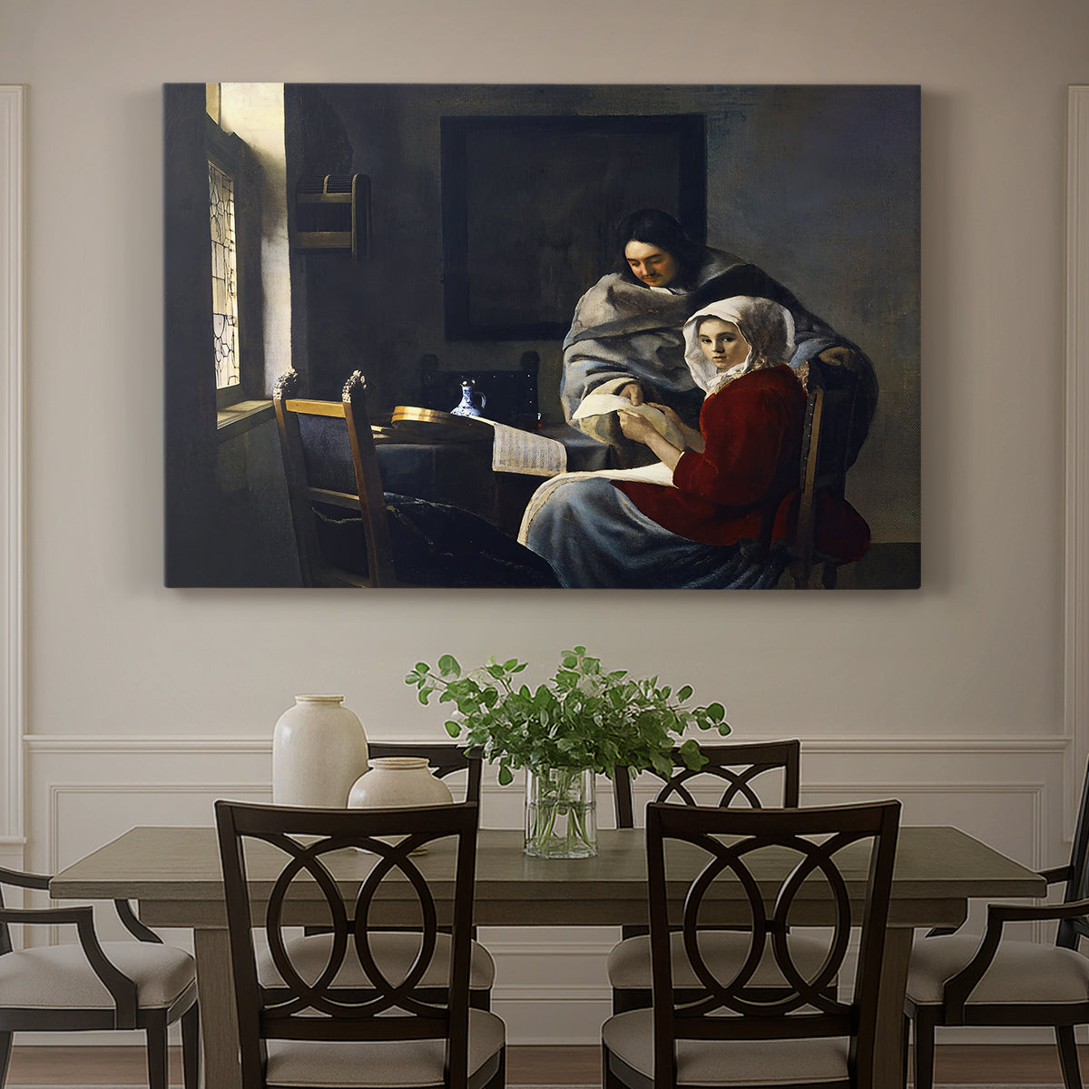 Canvas art print featuring a young woman seated at table interrupted while playing music, showcased as a statement wall artwork