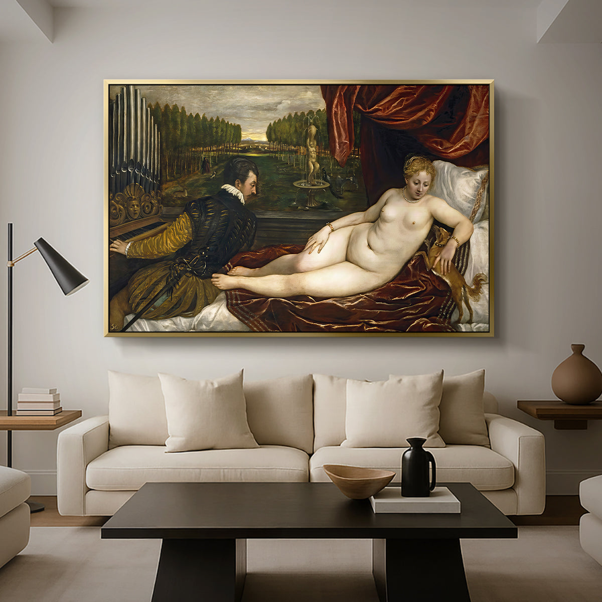 Venus with an Organist and a Dog, c. 1550 - Floater Framed Canvas Print