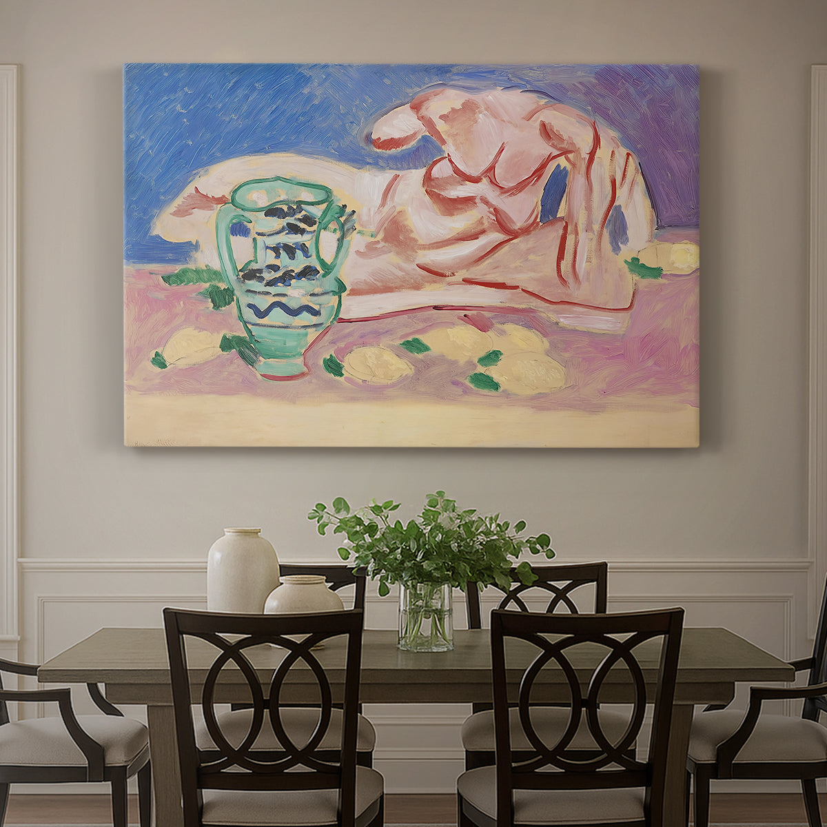 Canvas art print featuring a reclining classical figure rendered in a stylized modern composition, showcased as a statement wall artwork