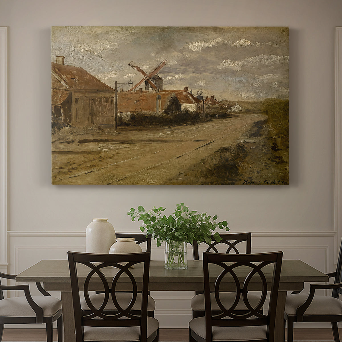 Canvas art print featuring a mill building beside water in quiet rural landscape, showcased as a statement wall artwork