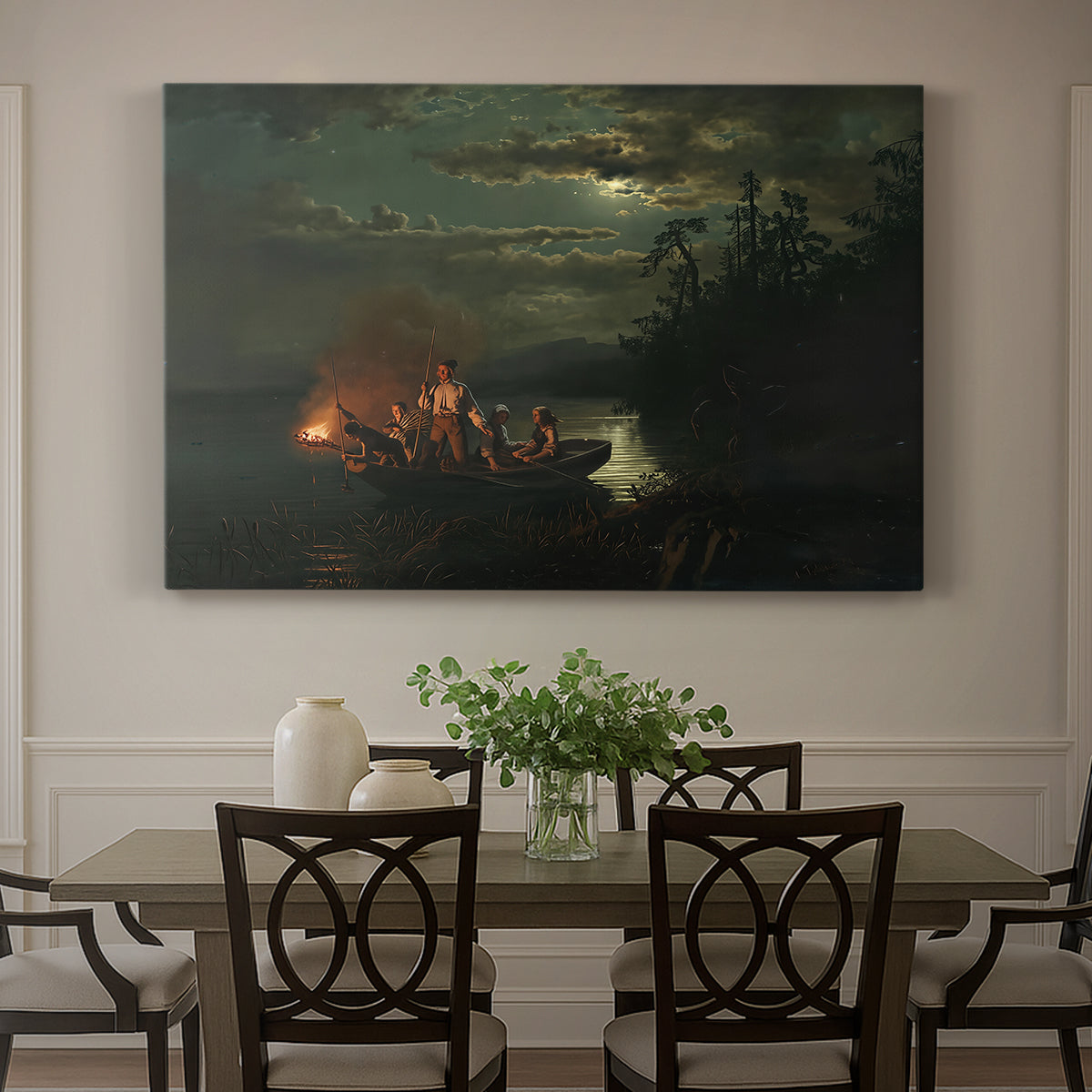Canvas art print featuring figures fishing with spears from boat on calm lake at dusk, showcased as a statement wall artwork
