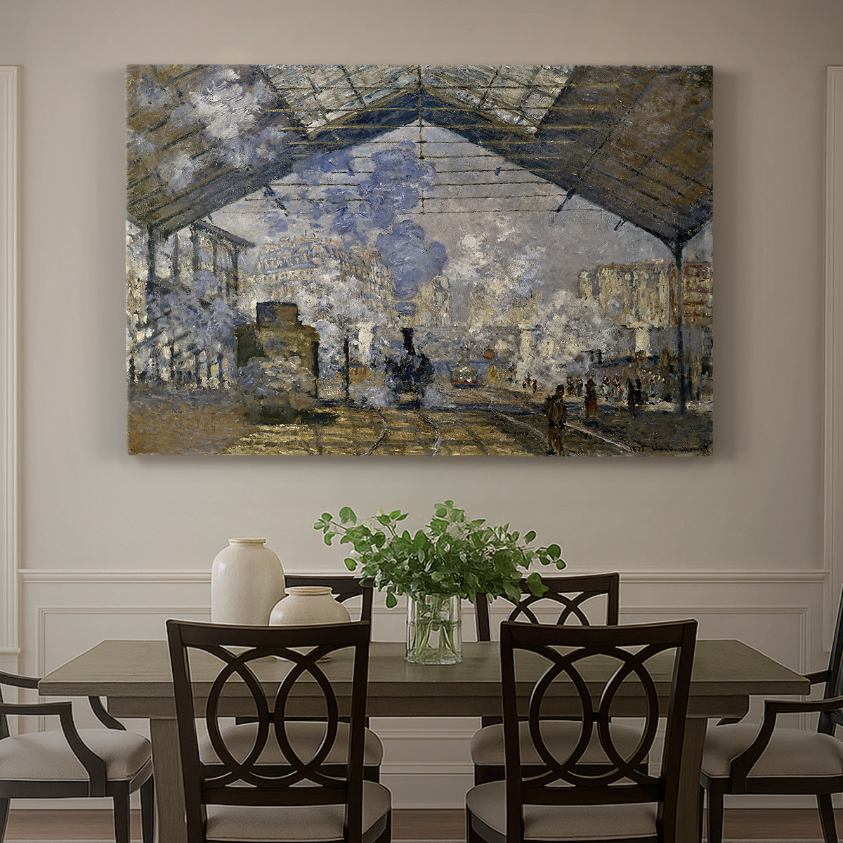Canvas art print featuring a train station interior filled with steam and locomotives under iron structure, showcased as a statement wall artwork