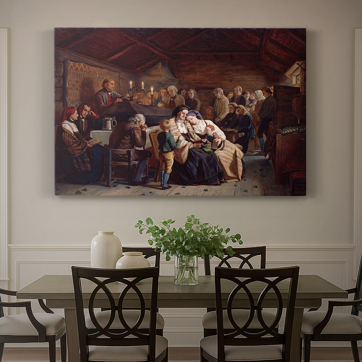 Canvas art print featuring a large gathering of villagers seated around tables during a funeral feast indoors, showcased as a statement wall artwork