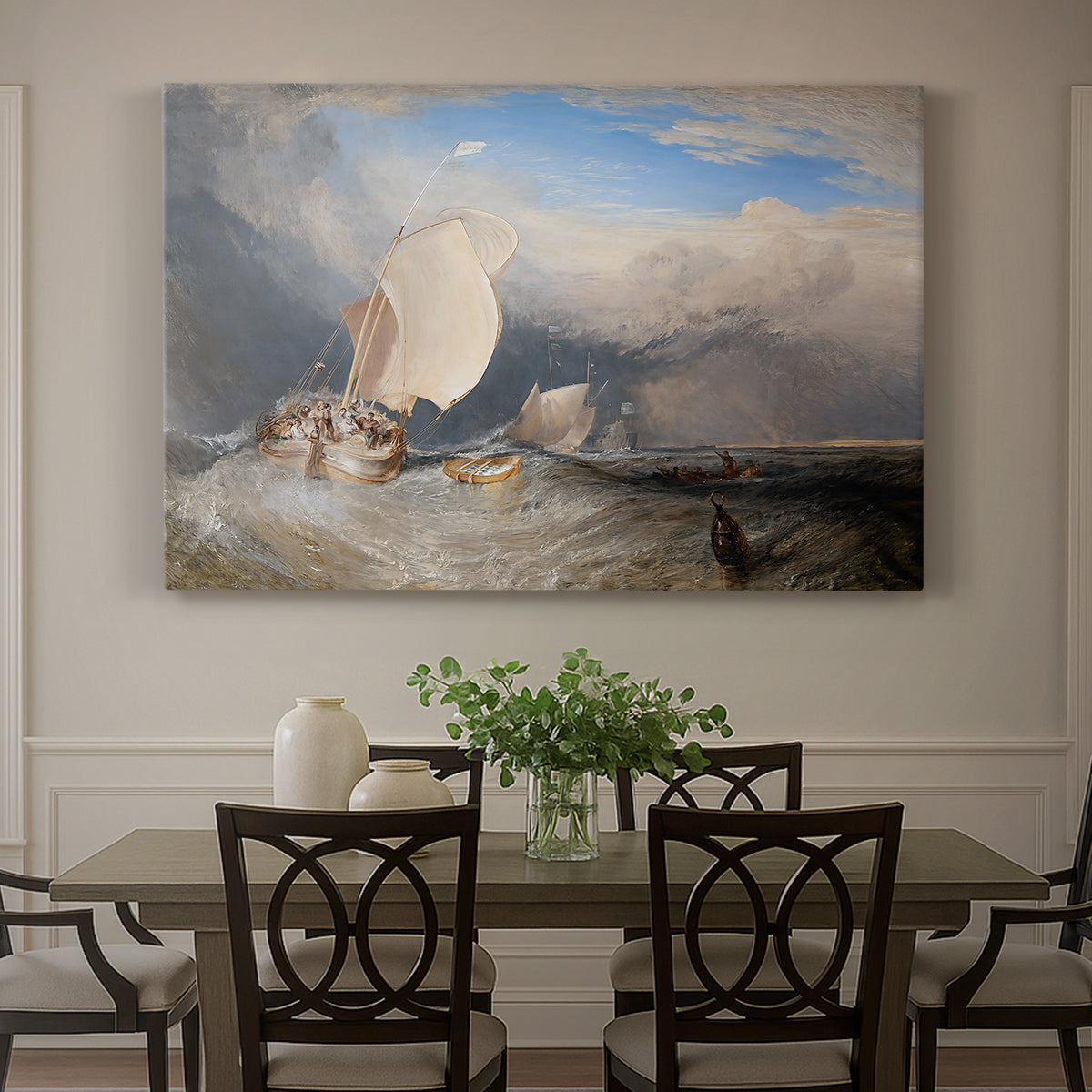 Canvas art print featuring fishing boats docked near shore with figures bargaining for fish in coastal setting, showcased as a statement wall artwork