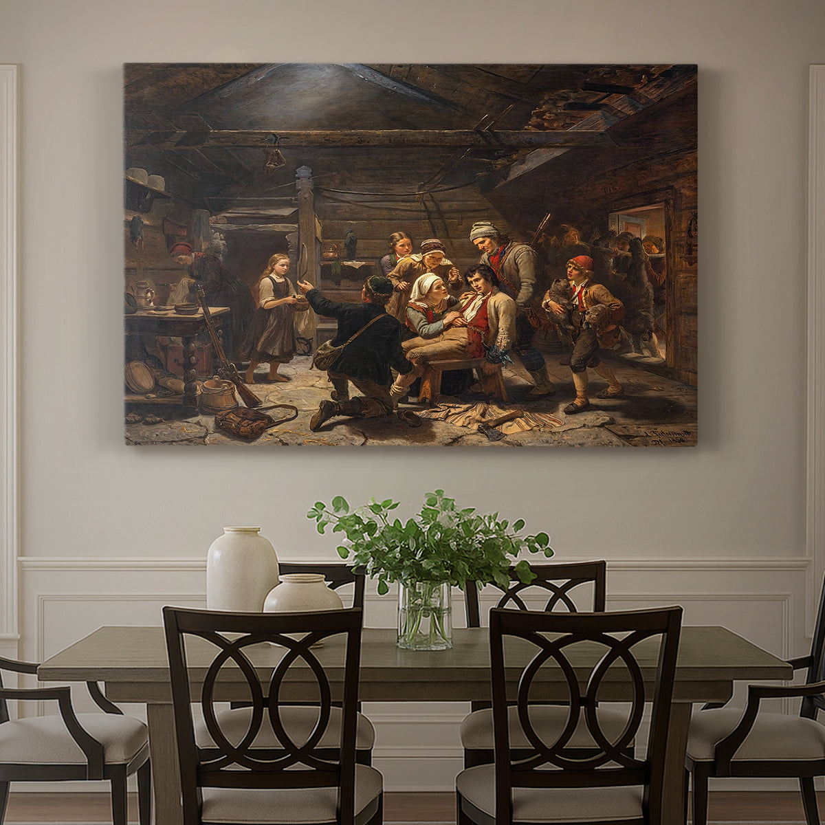 Canvas art print featuring villagers welcoming returning bear hunter surrounded by people in rustic interior, showcased as a statement wall artwork