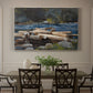 Canvas art print featuring a river landscape with boats and tree-lined banks under soft sky, showcased as a statement wall artwork