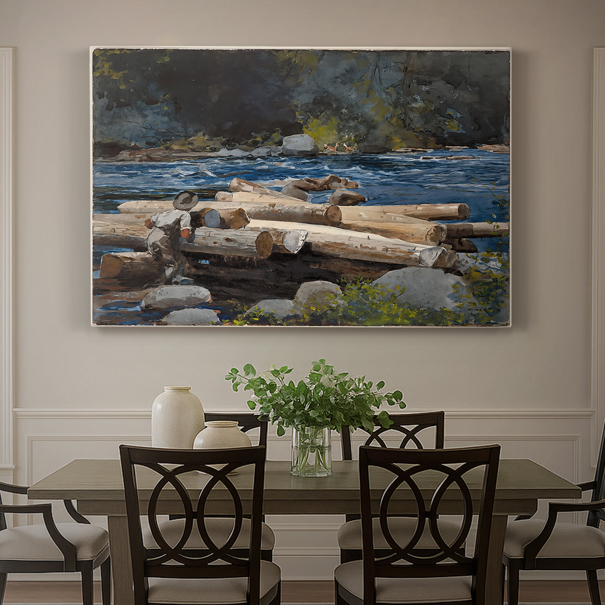 Canvas art print featuring a river landscape with boats and tree-lined banks under soft sky, showcased as a statement wall artwork