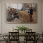 Canvas art print featuring a group of people gathered along dirt road in rural setting, showcased as a statement wall artwork