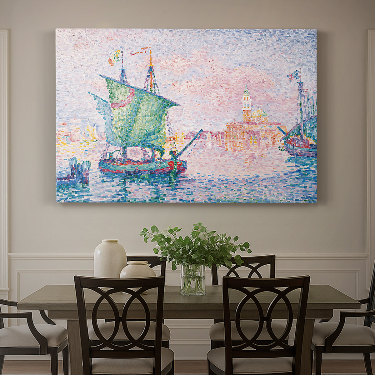 Canvas art print featuring a Venetian waterfront under pink sky, showcased as a statement wall artwork