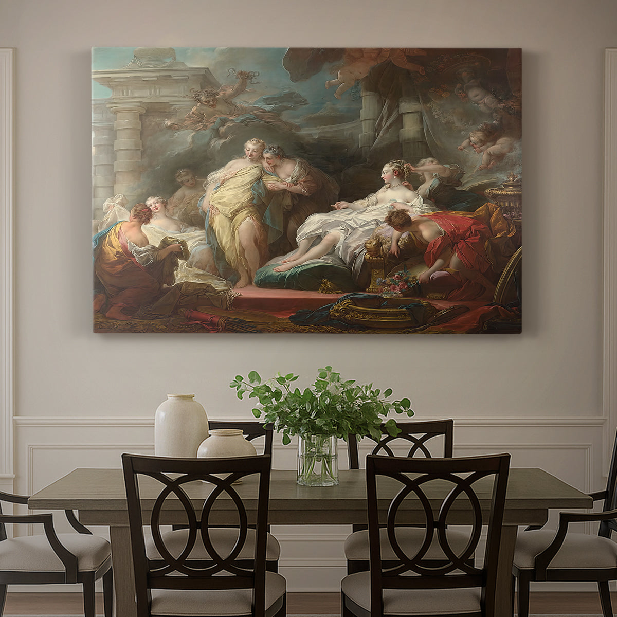 Canvas art print featuring a group of women gathered indoors in ornate setting presenting gifts, showcased as a statement wall artwork
