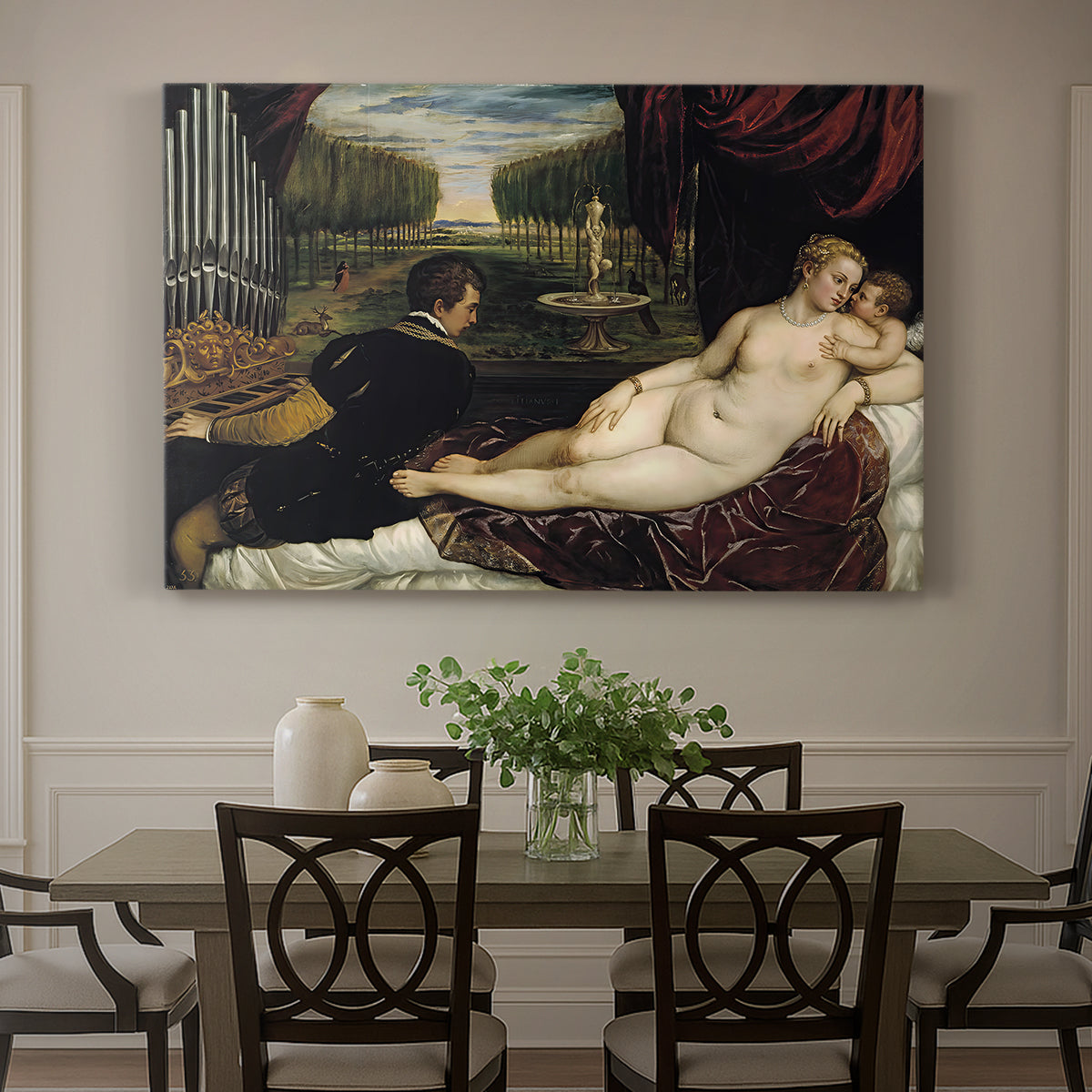 Canvas art print featuring a reclining Venus with seated organist and Cupid in rich interior setting, showcased as a statement wall artwork