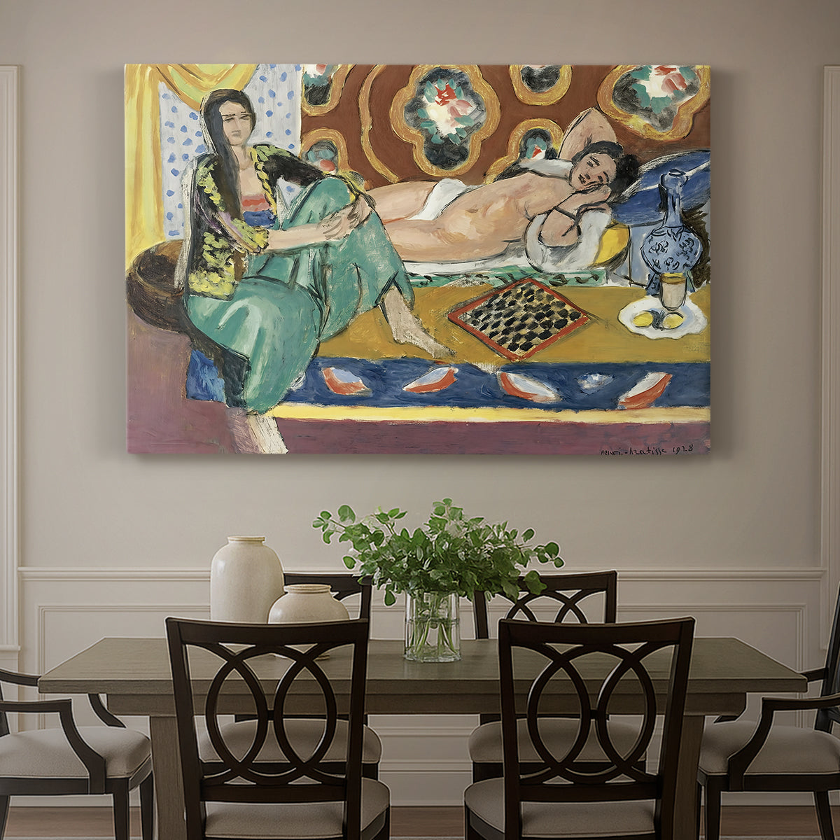 Canvas art print featuring two women seated indoors playing checkers in a colorful room, showcased as a statement wall artwork