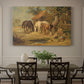 Canvas art print featuring farm animals gathered together feeding in outdoor setting, showcased as a statement wall artwork