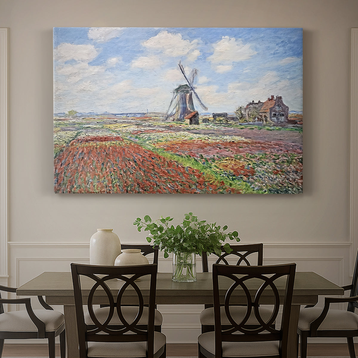 Canvas art print featuring colorful rows of tulip fields leading toward distant windmill, showcased as a statement wall artwork