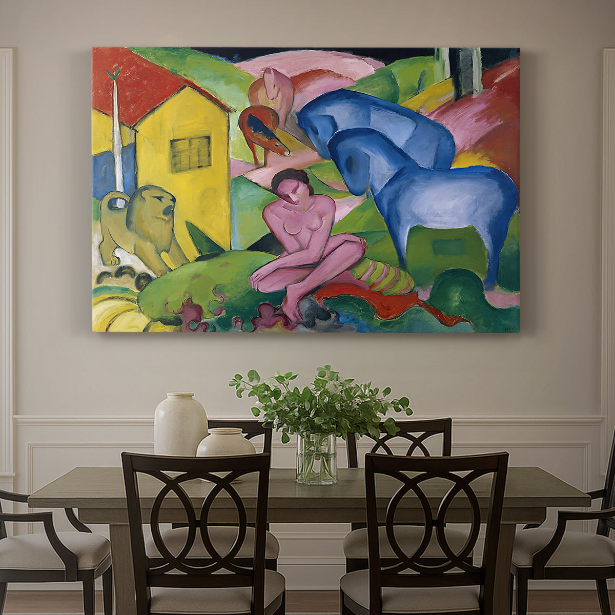 Canvas art print featuring an abstract composition of animals and figures intertwined in vivid dreamlike colors, showcased as a statement wall artwork