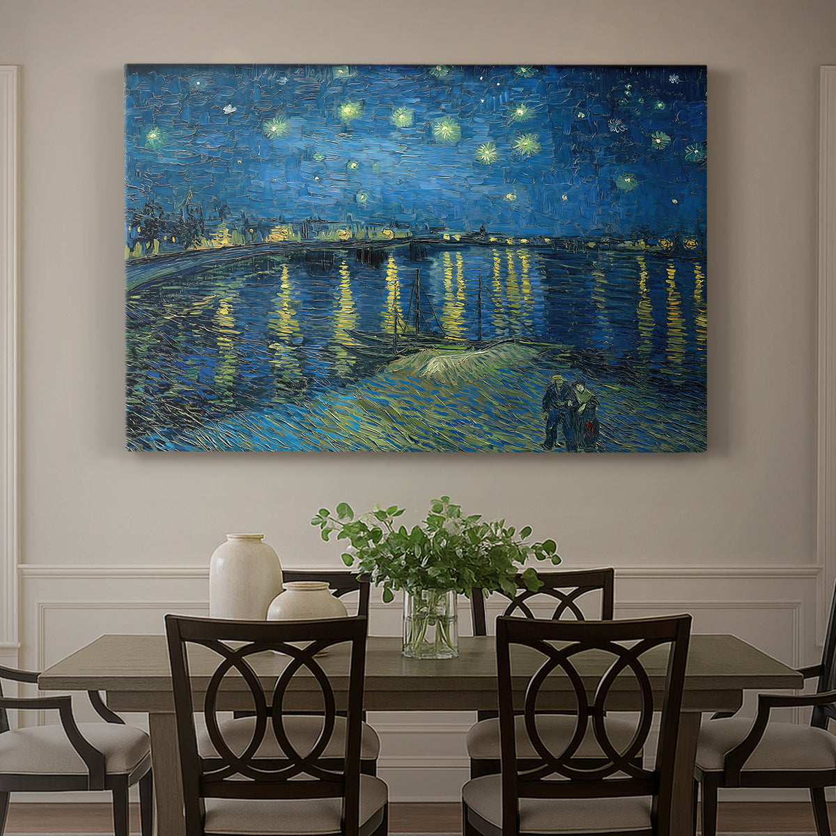 Canvas art print featuring a night scene with glowing stars reflected in river beside illuminated town, showcased as a statement wall artwork