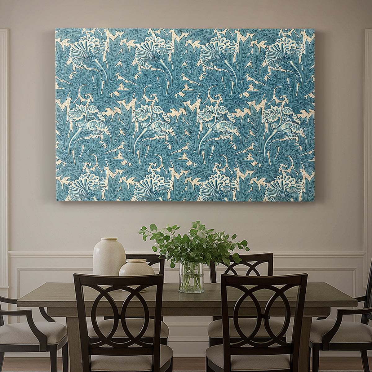 Canvas art print featuring a repeating floral pattern with tulip shapes in teal and neutral tones, showcased as a statement wall artwork