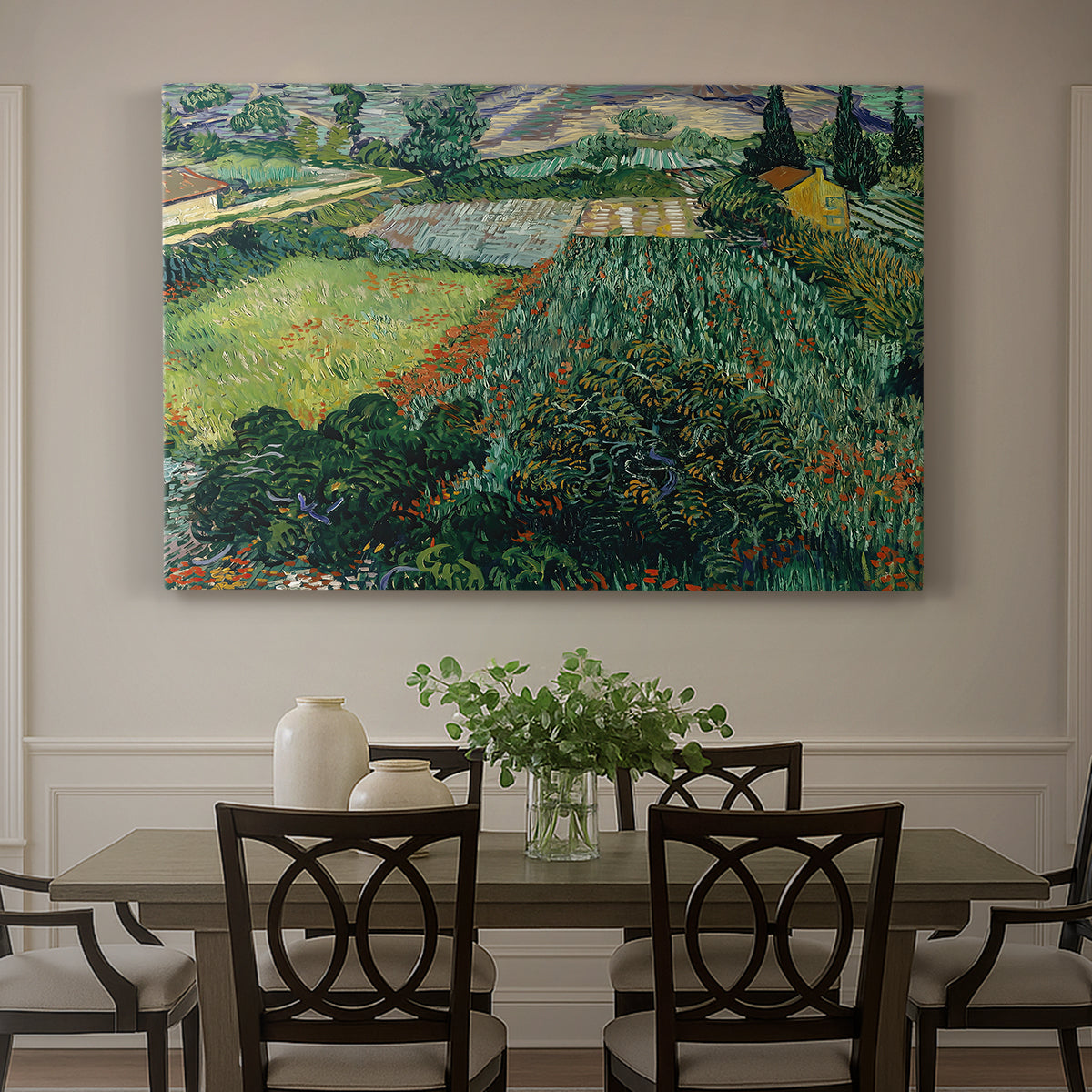 Canvas art print featuring a field dotted with red poppies under bright sky and rolling terrain, showcased as a statement wall artwork