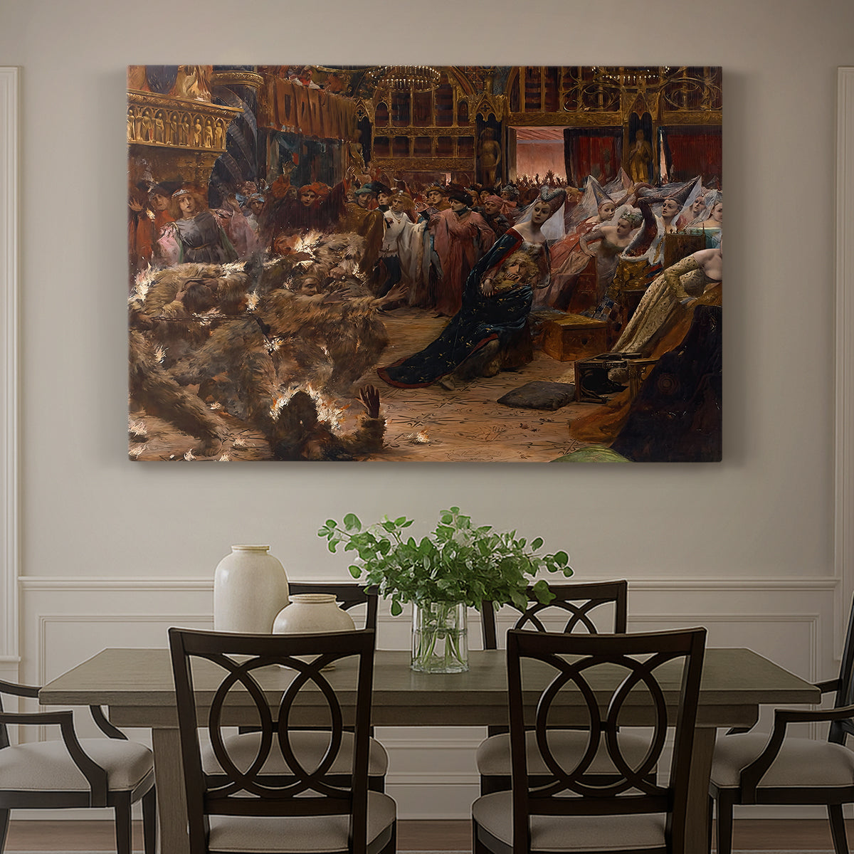 Canvas art print featuring a crowded interior scene with figures gathered around glowing central spectacle, showcased as a statement wall artwork