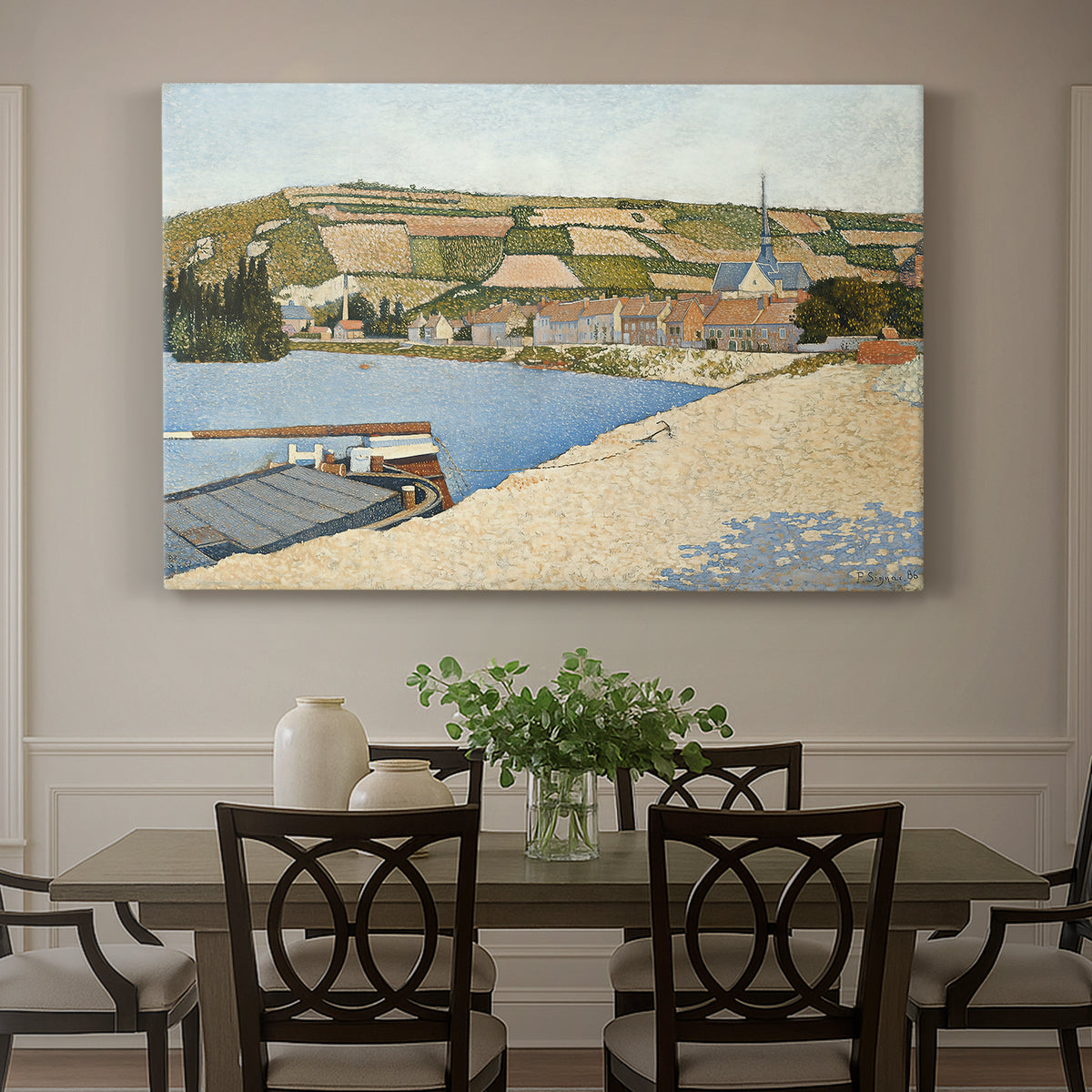 Canvas art print featuring a riverside with buildings and flowing water, showcased as a statement wall artwork