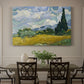 Canvas art print featuring a golden wheat field with tall cypress trees under swirling sky, showcased as a statement wall artwork
