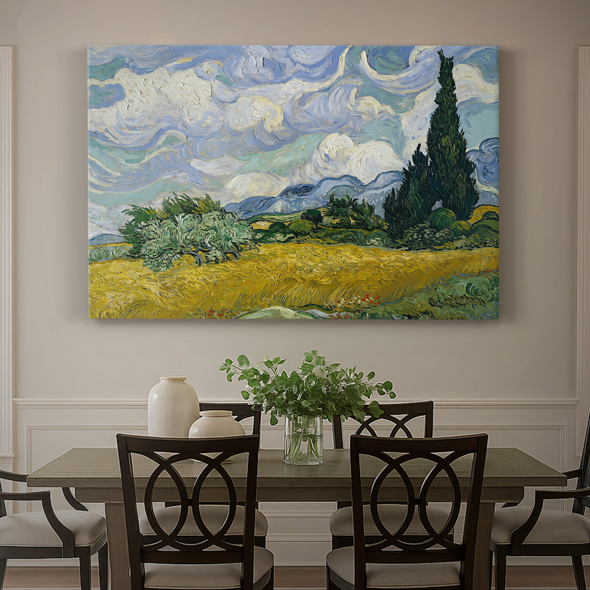 Canvas art print featuring a golden wheat field with tall cypress trees under swirling sky, showcased as a statement wall artwork