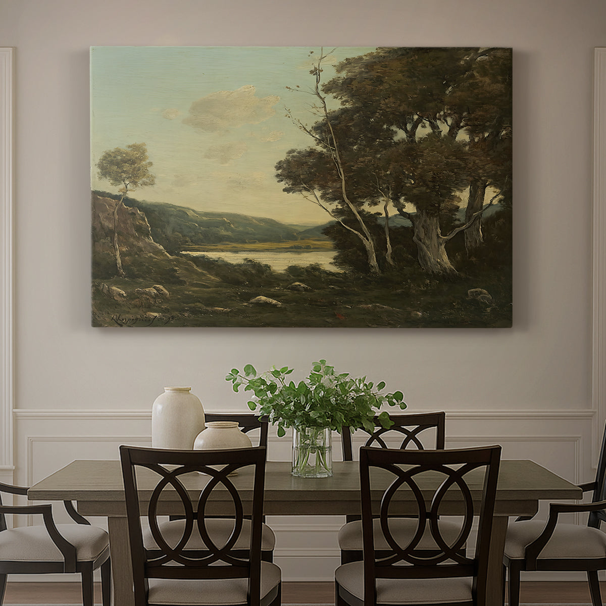 Canvas art print featuring an open countryside landscape with trees and distant horizon under soft sky, showcased as a statement wall artwork
