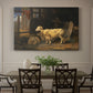 Canvas art print featuring a group of sheep gathered inside dimly lit stable interior, showcased as a statement wall artwork