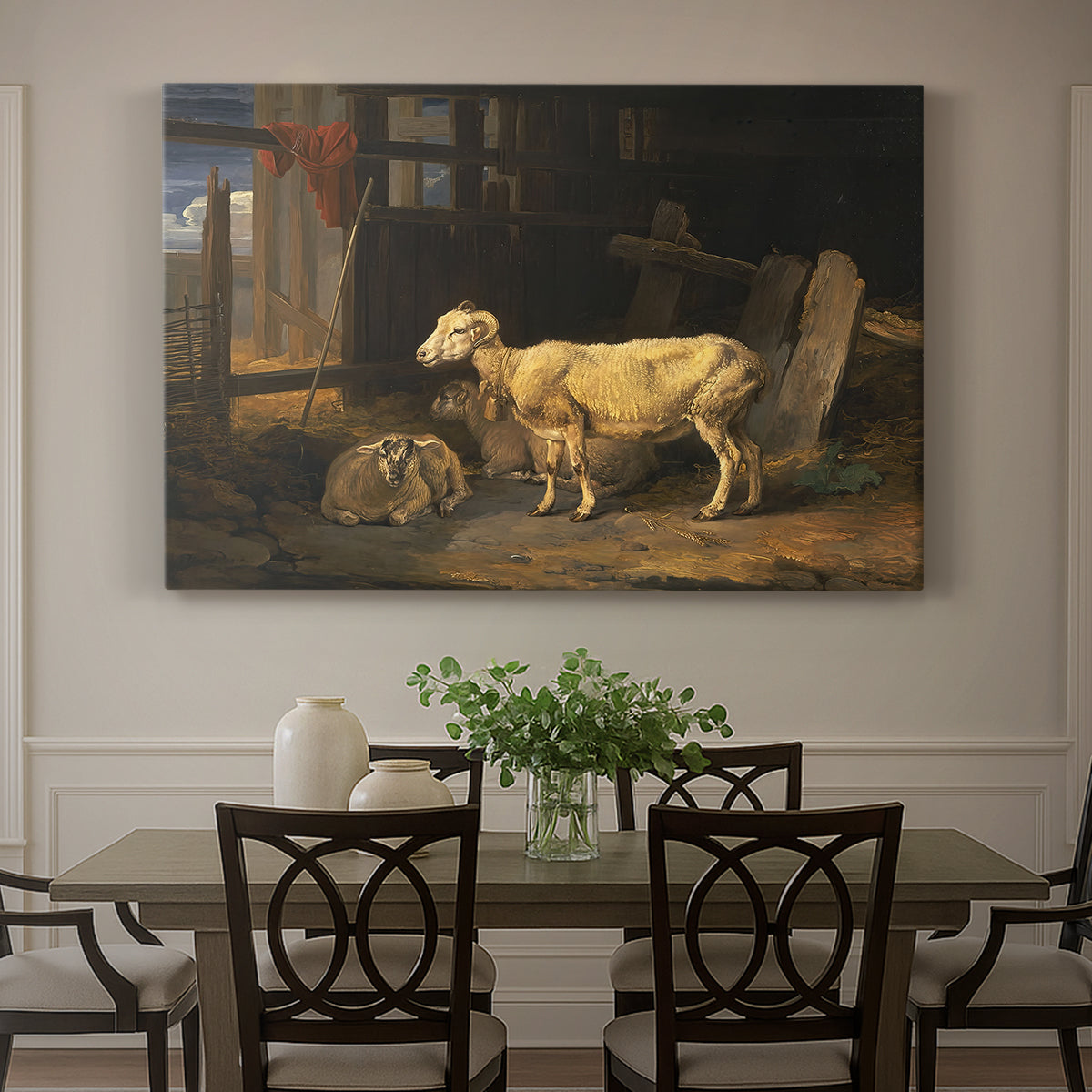Canvas art print featuring a group of sheep gathered inside dimly lit stable interior, showcased as a statement wall artwork