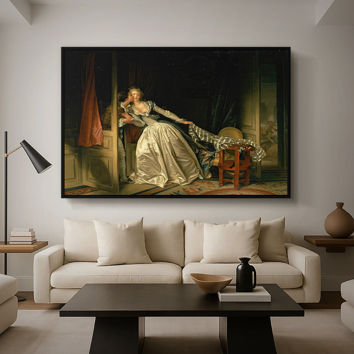 The Stolen Kiss (Le Baiser à la dérobée), c. 1788 - Floater Framed Canvas Print